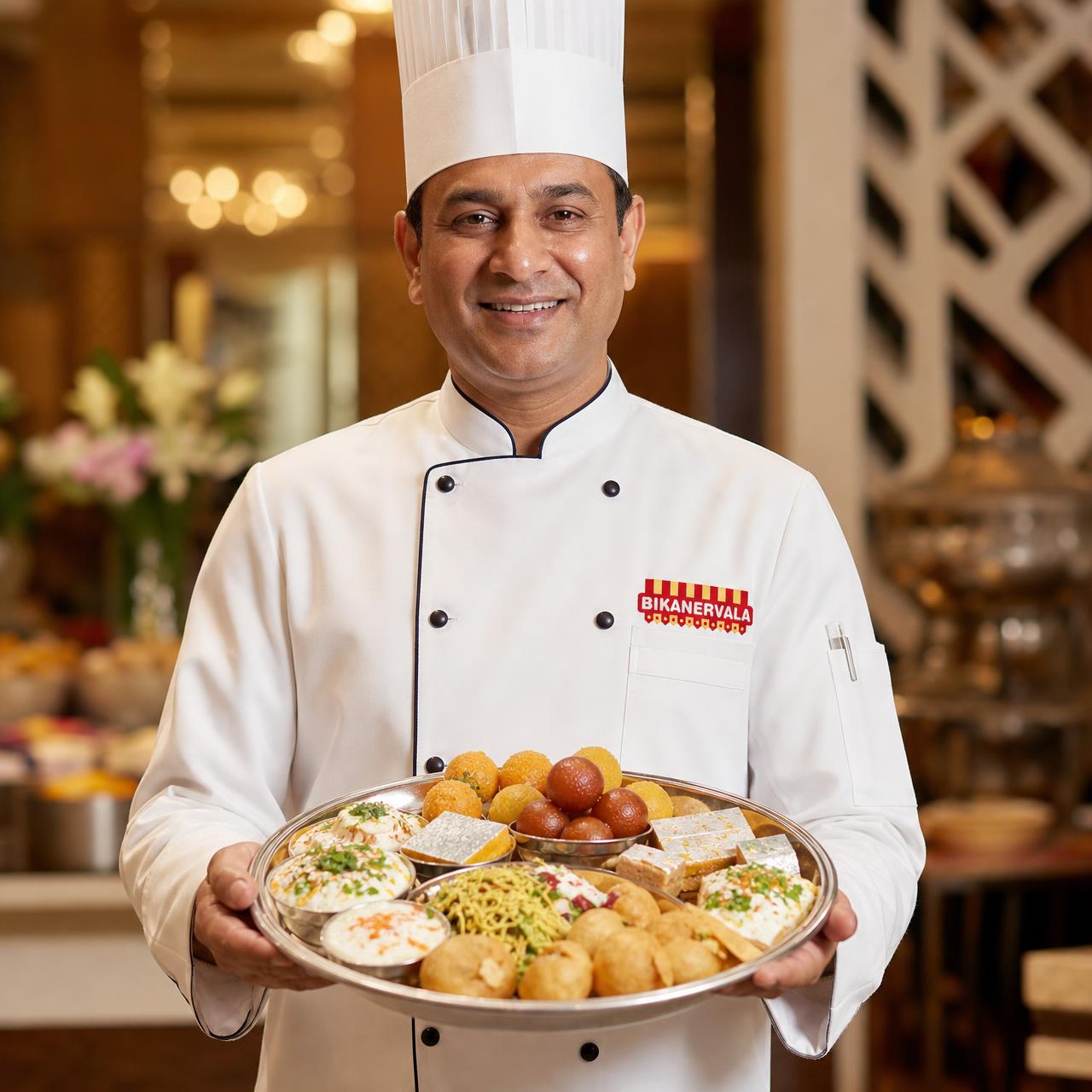 Bikanervala master chef serving pure vegetarian Indian thali